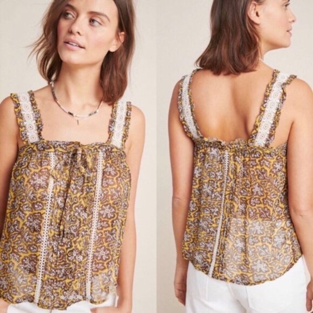 Anthropologie Bardot Blouse Size 2 Button Front‎ Sheer Crochet Trim Retro Boho